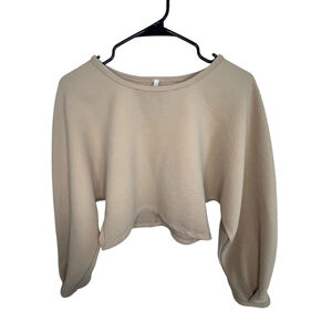 Event Tan Long Sleeve Ribbed Crop Top With Balloon Sleeves